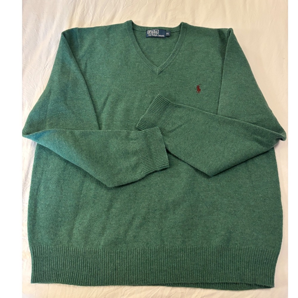 VTG Polo Ralph Lauren Mens V-Neck Sweater Green Heathered Knit Red Pony Logo XL